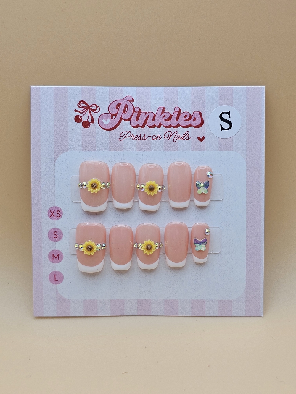 Press-on Nails Set 10pc Size S Square White French Tips Sunflower Butterfly Gems